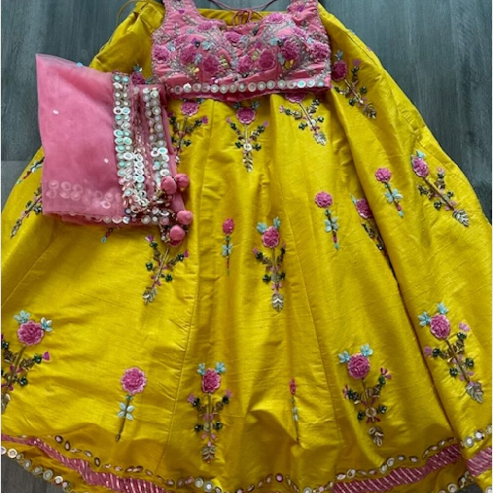 Lehenga Choli - Yellow, Pink, 3D Work, Embroidered